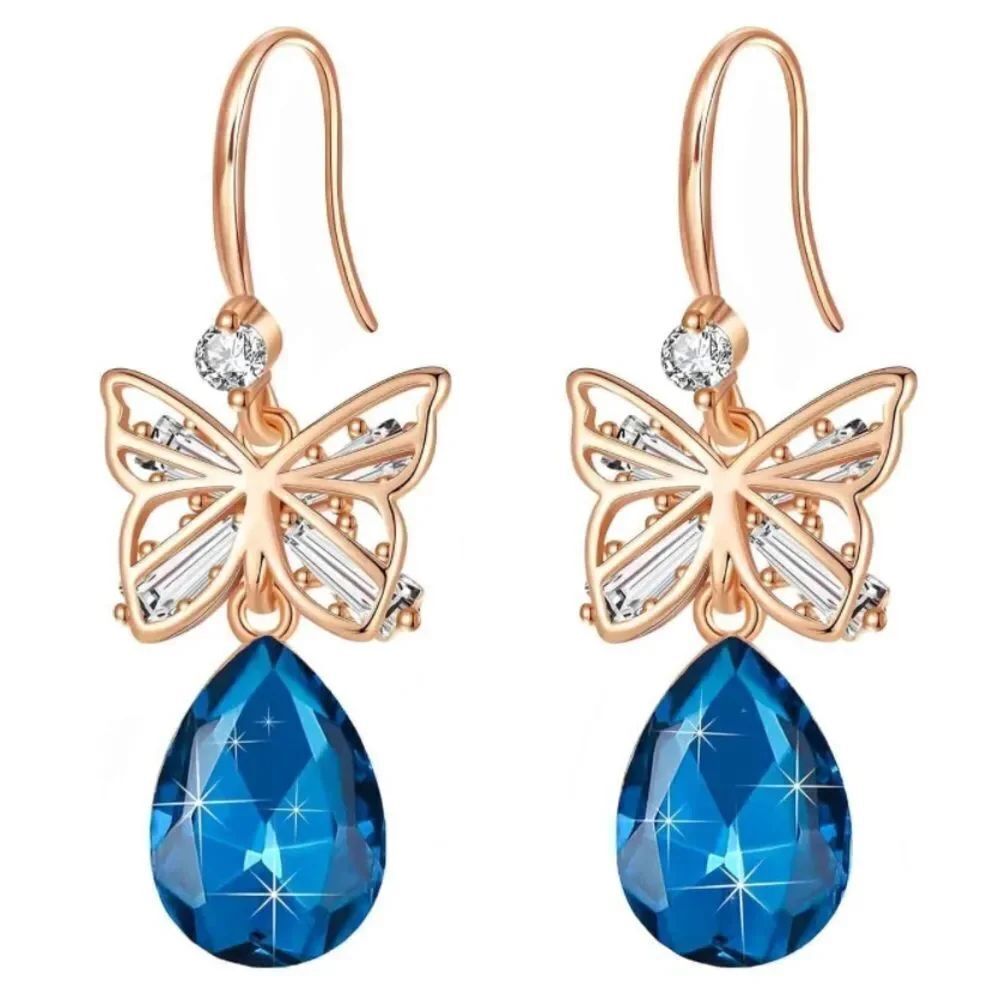 14K Rose Gold with Bermuda Blue Austrian Crystal Butterfly Teardrop Earrings